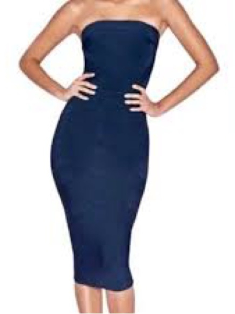 House of CB Amoura Navy Blue Strapless Bandage Midi Dress Zip Front Small